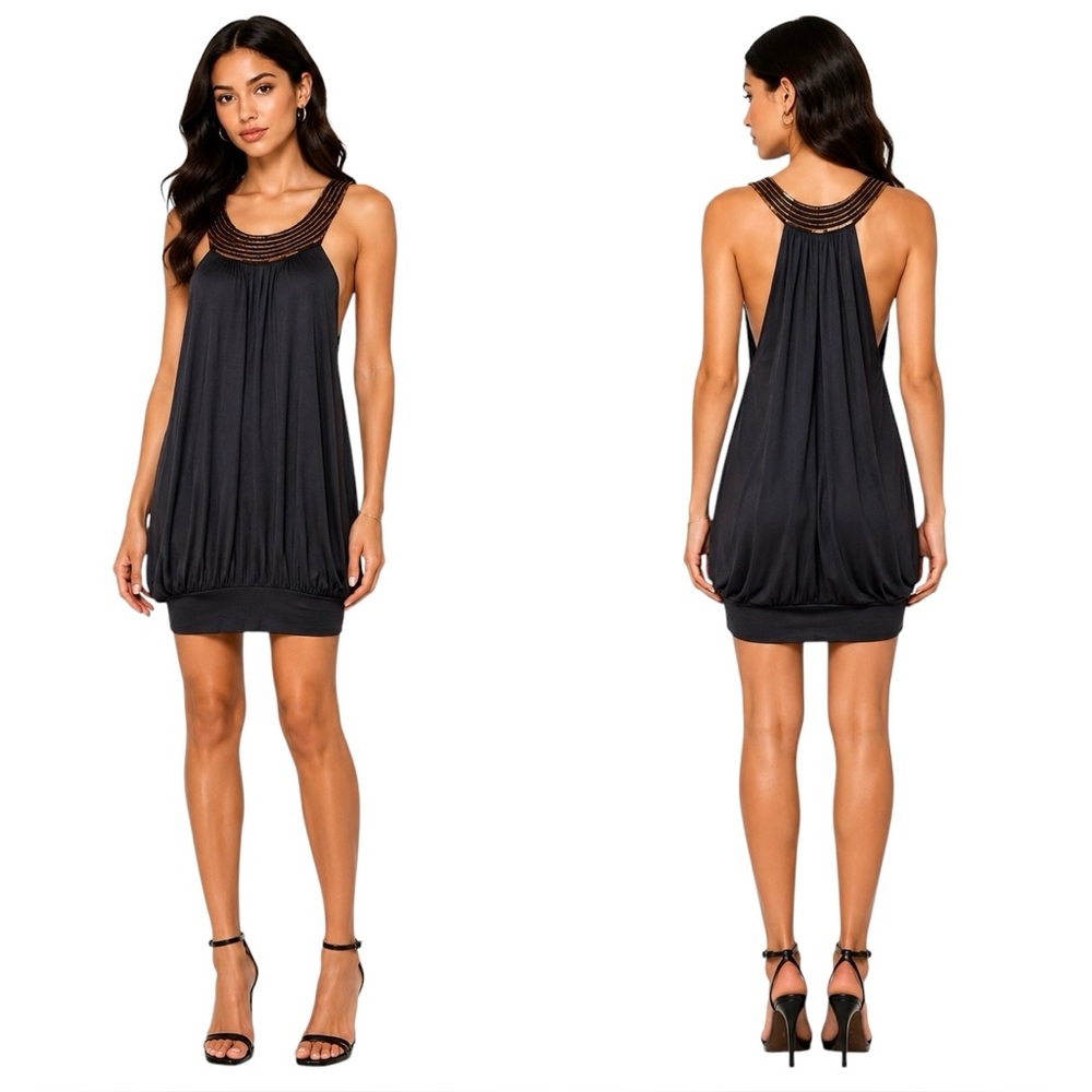 Joshua Gray Sleeveless Bubble Hem Dress Medium Gold Sequin Neckline Open BackNWT